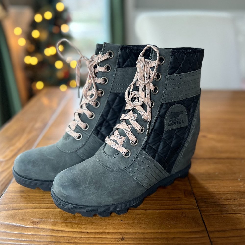 Sorel PDX Lexie Wedge Lace up Black Quarry Leather Canvas 8.5